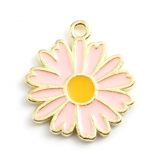 Picture of Zinc Based Alloy Charms Daisy Flower Gold Plated Peach Pink Enamel 18mm x 16mm, 20 PCs