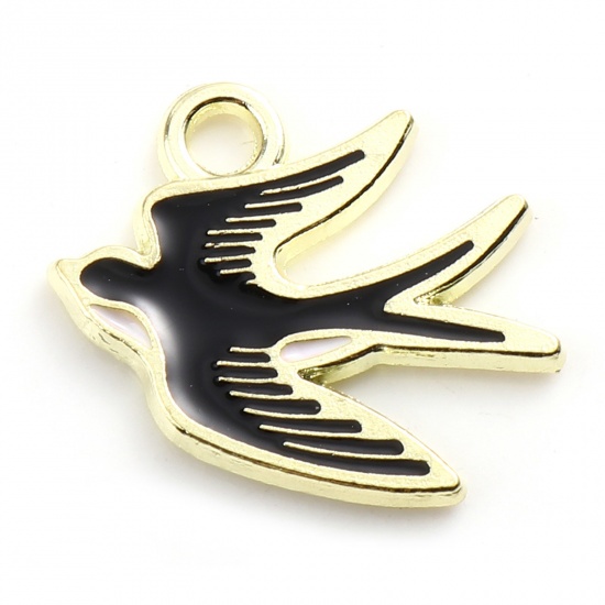 Picture of Zinc Based Alloy Charms Swallow Bird Gold Plated Black Enamel 17mm x 15mm, 20 PCs