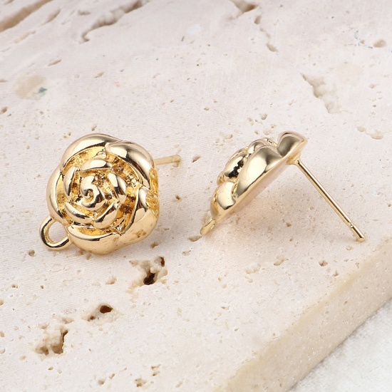 Imagen de Latón Pendientes 18K Oro Real Chapado Rosa W/ Lazo 16mm x 13mm, Post/ Wire Size: (21 gauge), 2 Unidades