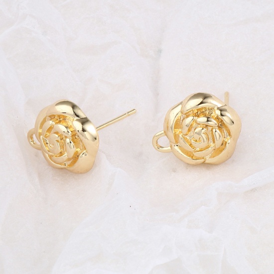 Imagen de Latón Pendientes 18K Oro Real Chapado Rosa W/ Lazo 16mm x 13mm, Post/ Wire Size: (21 gauge), 2 Unidades