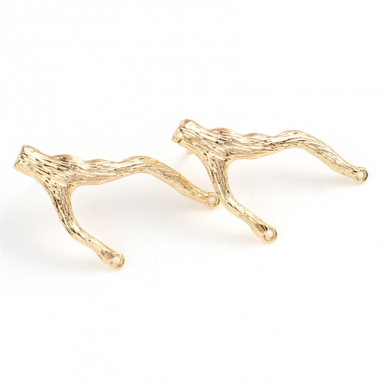 Picture of Brass Ear Post Stud Earrings 18K Real Gold Plated Branch W/ Loop 32mm x 18mm, Post/ Wire Size: (21 gauge), 2 PCs