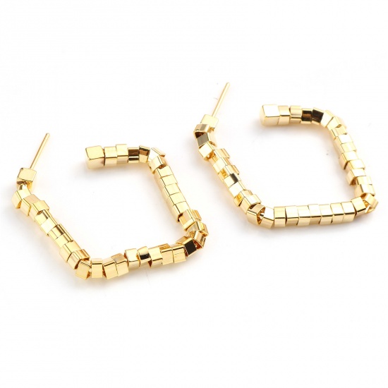 Picture of Brass Beaded Hoop Earrings 18K Real Gold Plated Square 36mm x 30mm, Post/ Wire Size: (20 gauge), 2 PCs                                                                                                                                                        