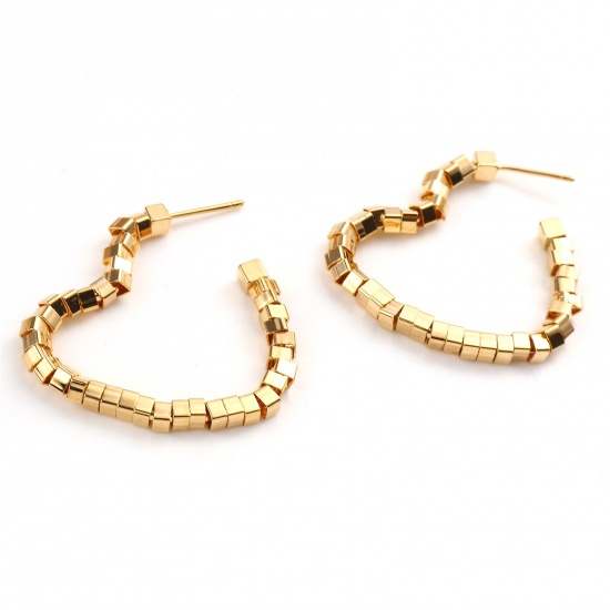 Picture of Brass Beaded Hoop Earrings 18K Real Gold Plated Heart 38mm x 31mm - 35mm x 30mm, Post/ Wire Size: (20 gauge), 2 PCs                                                                                                                                           