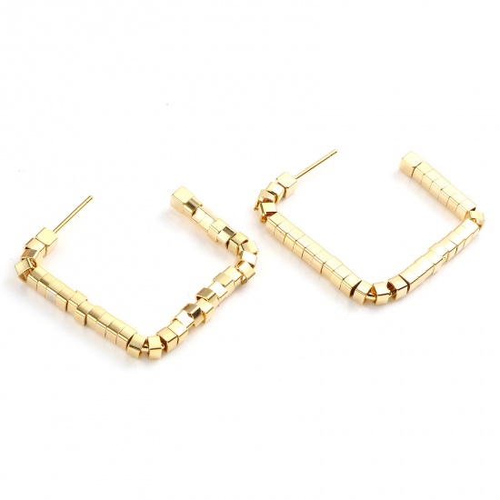 Picture of Brass Beaded Hoop Earrings 18K Real Gold Plated Square 30mm x 30mm, Post/ Wire Size: (20 gauge), 2 PCs                                                                                                                                                        