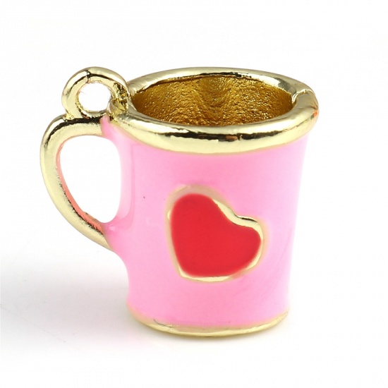Bild von Zinklegierung Valentinstag Charms Tasse Vergoldet Rosa Herz Emaille 14mm x 13mm, 2 Stück