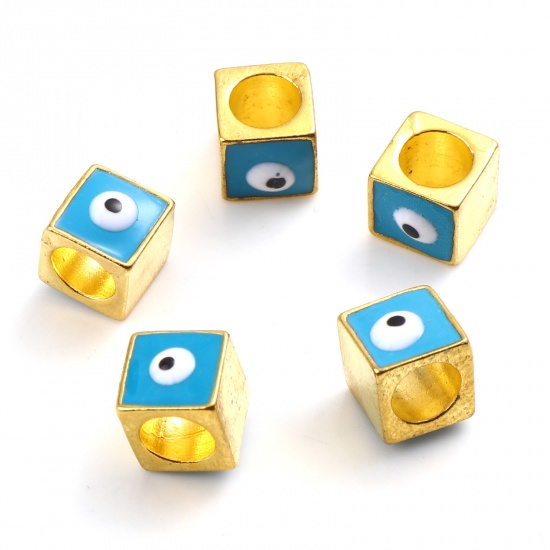 Picture of Zinc Based Alloy Religious Large Hole Charm Beads Gold Plated Blue Square Evil Eye Enamel 7mm x 7mm, Hole: Approx 5.1mm, 10 PCs