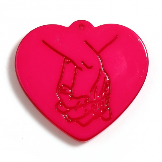 Picture of Acrylic Valentine's Day Pendants Heart Fuchsia Gesture 35mm x 32mm, 5 PCs