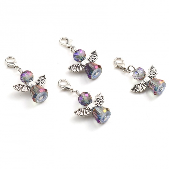 Picture of Zinc Based Alloy & Plastic Religious Knitting Stitch Markers Angel Antique Silver Color Blue Violet 38mm x 22mm, 2 PCs