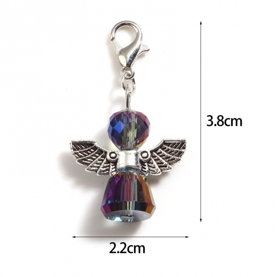 Picture of Zinc Based Alloy & Plastic Religious Knitting Stitch Markers Angel Antique Silver Color Blue Violet 38mm x 22mm, 2 PCs