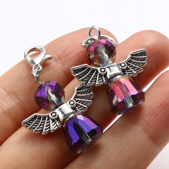 Picture of Zinc Based Alloy & Plastic Religious Knitting Stitch Markers Angel Antique Silver Color Blue Violet 38mm x 22mm, 2 PCs