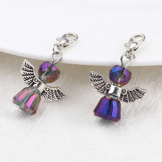 Picture of Zinc Based Alloy & Plastic Religious Knitting Stitch Markers Angel Antique Silver Color Blue Violet 38mm x 22mm, 2 PCs