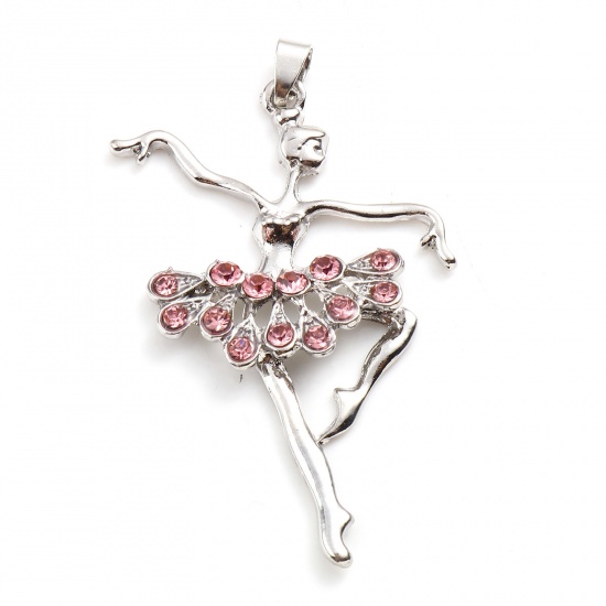 Picture of Zinc Based Alloy Micro Pave Pendants Dancing girl Silver Tone Pink Rhinestone 5.6cm x 3.4cm, 1 Piece