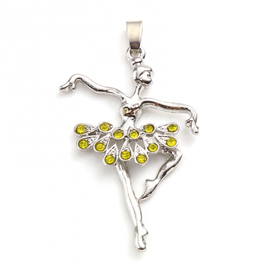 Picture of Zinc Based Alloy Micro Pave Pendants Dancing girl Silver Tone Yellow Rhinestone 5.6cm x 3.4cm, 1 Piece