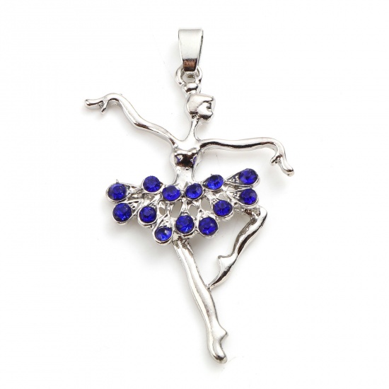 Picture of Zinc Based Alloy Micro Pave Pendants Dancing girl Silver Tone Royal Blue Rhinestone 5.6cm x 3.4cm, 1 Piece