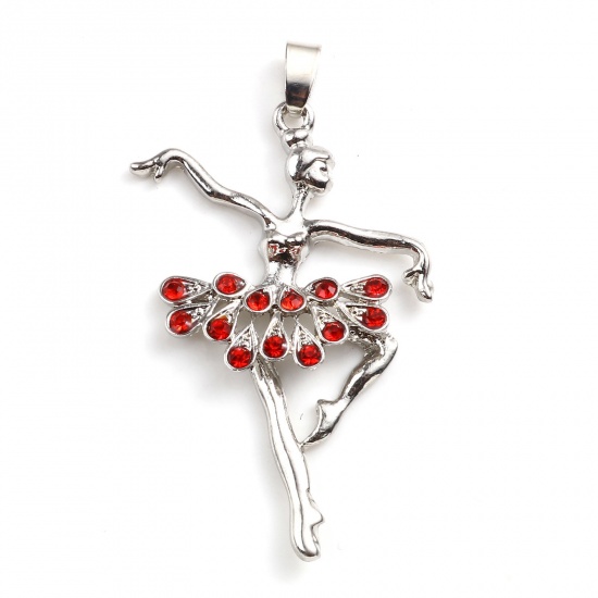 Picture of Zinc Based Alloy Micro Pave Pendants Dancing girl Silver Tone Red Rhinestone 5.6cm x 3.4cm, 1 Piece