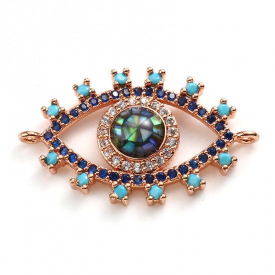 Picture of Zinc Based Alloy & Shell Religious Connectors Evil Eye Rose Gold Multicolor Royal Blue Rhinestone 3.1cm x 1.8cm, 1 Piece