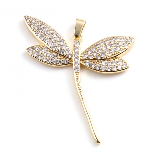Image de Pendentifs Insecte en Laiton Libellule Plaqué Or Véritable 18K Micro Pave à Strass Transparent 58mm x 43mm, 1 Pièce