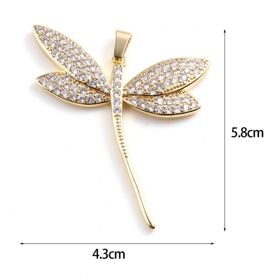 Image de Pendentifs Insecte en Laiton Libellule Plaqué Or Véritable 18K Micro Pave à Strass Transparent 58mm x 43mm, 1 Pièce