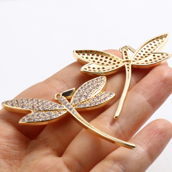 Image de Pendentifs Insecte en Laiton Libellule Plaqué Or Véritable 18K Micro Pave à Strass Transparent 58mm x 43mm, 1 Pièce