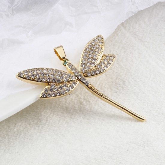 Image de Pendentifs Insecte en Laiton Libellule Plaqué Or Véritable 18K Micro Pave à Strass Transparent 58mm x 43mm, 1 Pièce