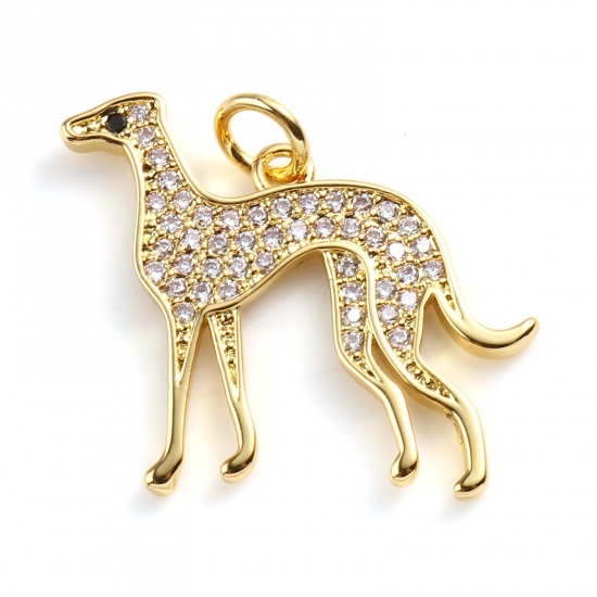 Picture of Brass Micro Pave Charms Dog Animal 18K Real Gold Plated Clear Rhinestone 20mm x 19mm, 1 Piece                                                                                                                                                                 