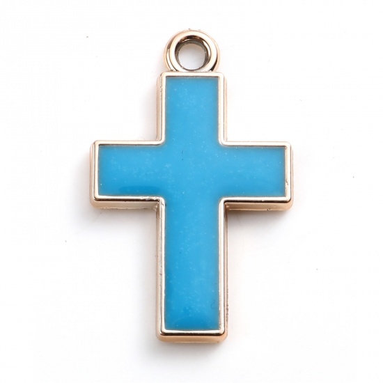 Picture of CCB Plastic Religious Pendants Cross Rose Gold Blue Enamel 32mm x 20mm, 10 PCs