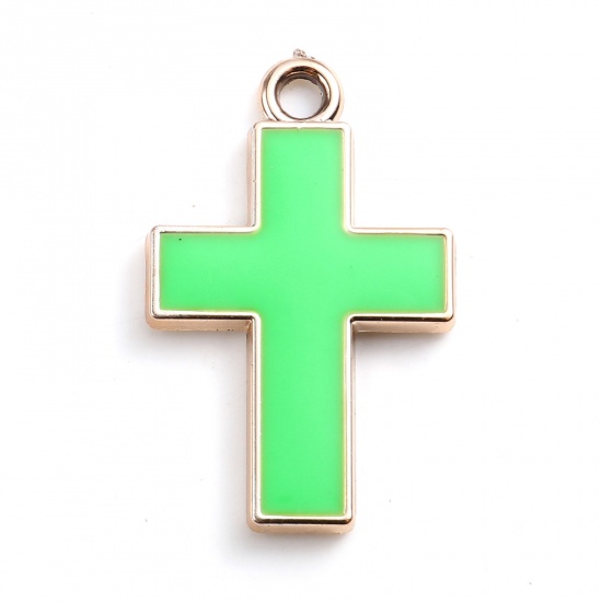 Picture of CCB Plastic Religious Pendants Cross Rose Gold Green Enamel 32mm x 20mm, 10 PCs