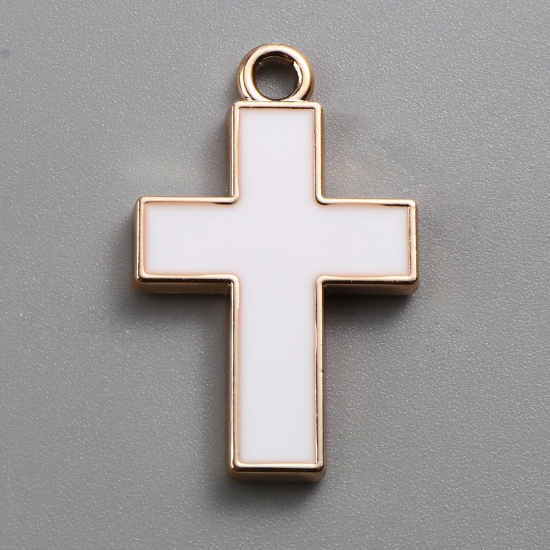 Picture of CCB Plastic Religious Pendants Cross Rose Gold White Enamel 32mm x 20mm, 10 PCs