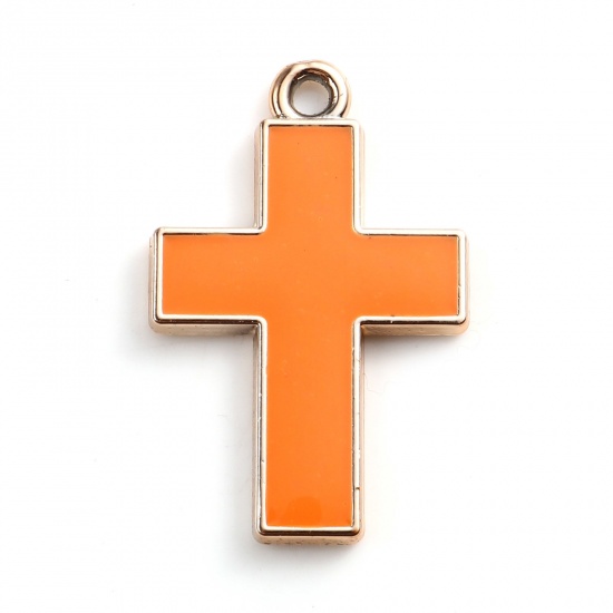 Picture of CCB Plastic Religious Pendants Cross Rose Gold Orange Enamel 32mm x 20mm, 10 PCs