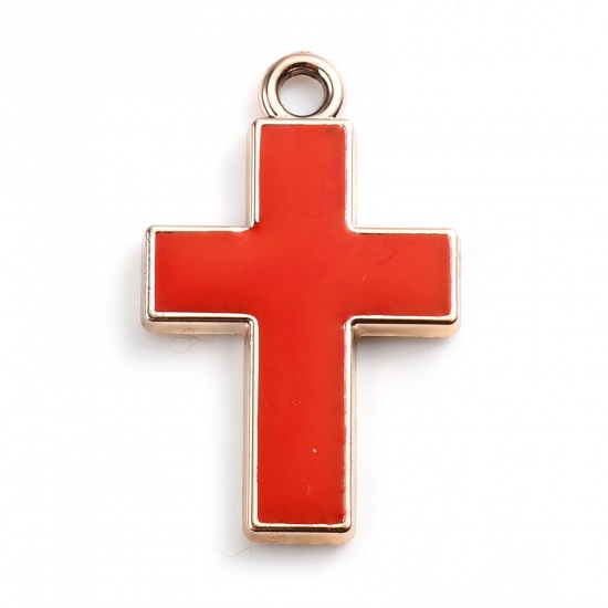 Picture of CCB Plastic Religious Pendants Cross Rose Gold Red Enamel 32mm x 20mm, 10 PCs