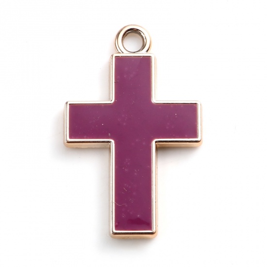 Picture of CCB Plastic Religious Pendants Cross Rose Gold Purple Enamel 32mm x 20mm, 10 PCs