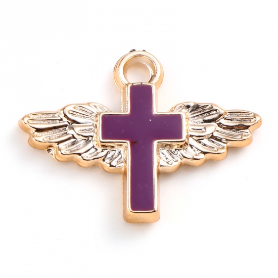 Picture of CCB Plastic Religious Charms Cross Rose Gold Purple Enamel Wing 29mm x 22mm, 10 PCs