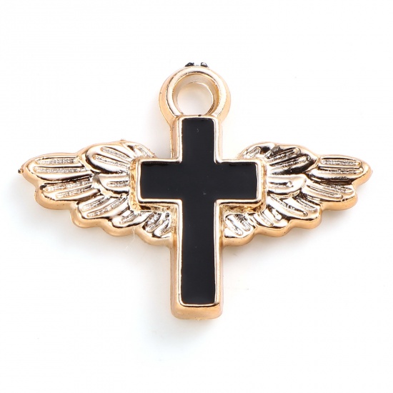 Picture of CCB Plastic Religious Charms Cross Rose Gold Black Enamel Wing 29mm x 22mm, 10 PCs
