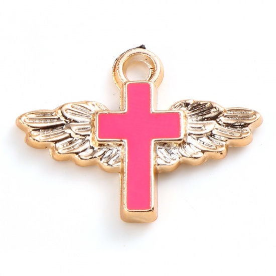 Picture of CCB Plastic Religious Charms Cross Rose Gold Fuchsia Enamel Wing 29mm x 22mm, 10 PCs