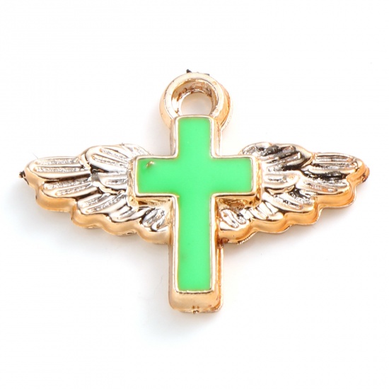 Picture of CCB Plastic Religious Charms Cross Rose Gold Green Enamel Wing 29mm x 22mm, 10 PCs