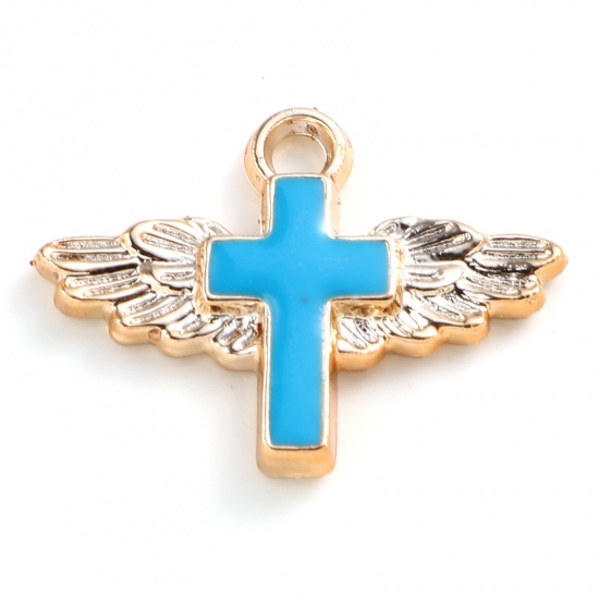 Picture of CCB Plastic Religious Charms Cross Rose Gold Blue Enamel Wing 29mm x 22mm, 10 PCs