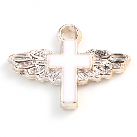 Picture of CCB Plastic Religious Charms Cross Rose Gold White Enamel Wing 29mm x 22mm, 10 PCs