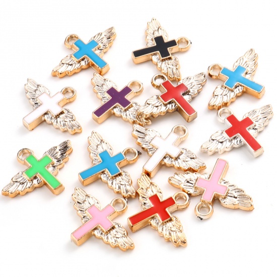 Picture of CCB Plastic Religious Charms Cross Rose Gold At Random Color Mixed Enamel Wing 29mm x 22mm, 10 PCs