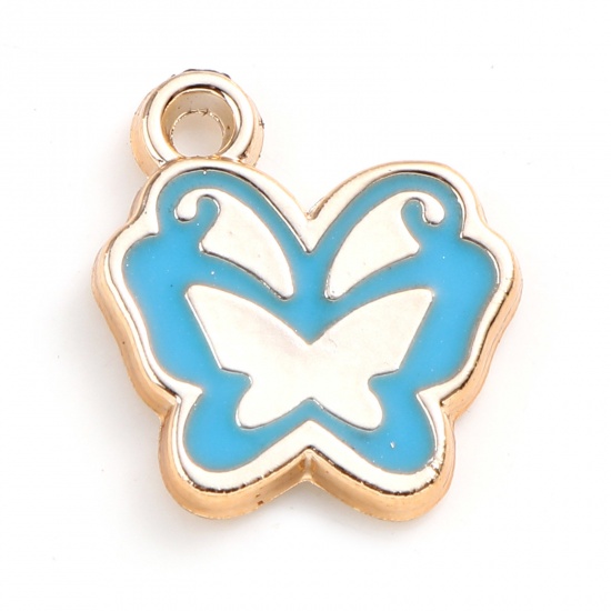 Picture of CCB Plastic Insect Charms Butterfly Animal Rose Gold Blue Enamel 17mm x 15mm, 20 PCs