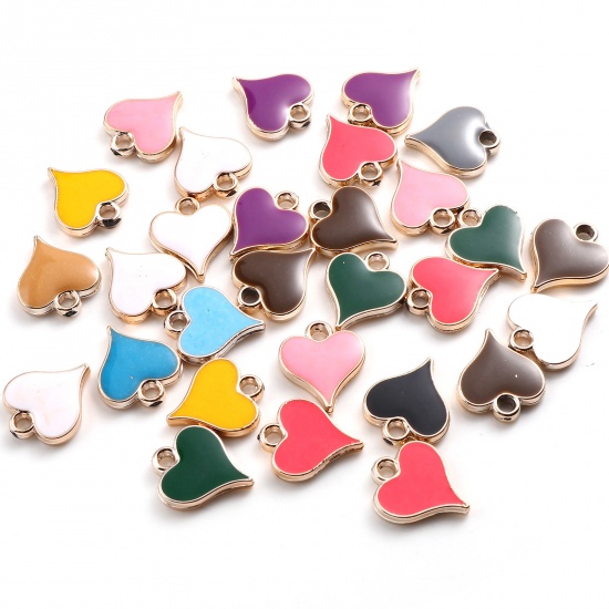 Picture of CCB Plastic Valentine's Day Charms Heart Rose Gold At Random Color Mixed Enamel 14mm x 12mm, 20 PCs