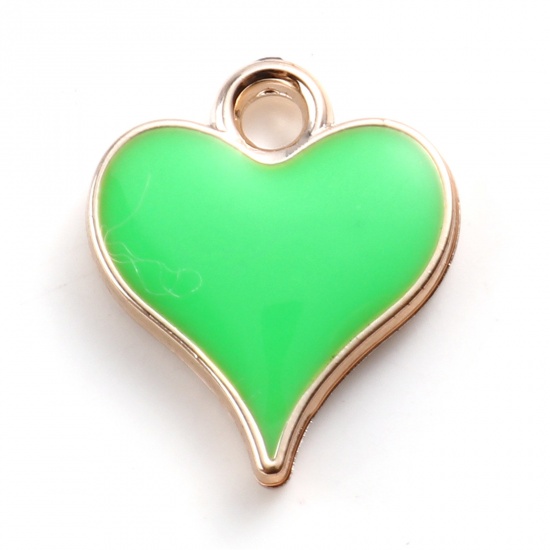 Picture of CCB Plastic Valentine's Day Charms Heart Rose Gold Green Enamel 14mm x 12mm, 20 PCs