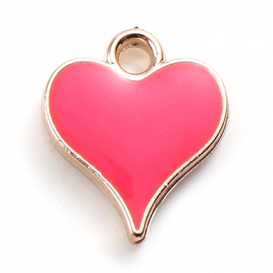 Picture of CCB Plastic Valentine's Day Charms Heart Rose Gold Fuchsia Enamel 14mm x 12mm, 20 PCs