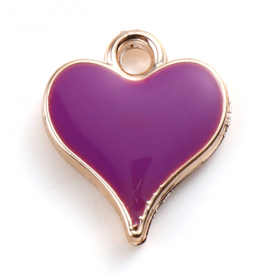 Picture of CCB Plastic Valentine's Day Charms Heart Rose Gold Purple Enamel 14mm x 12mm, 20 PCs