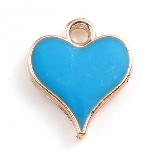Picture of CCB Plastic Valentine's Day Charms Heart Rose Gold Blue Enamel 14mm x 12mm, 20 PCs