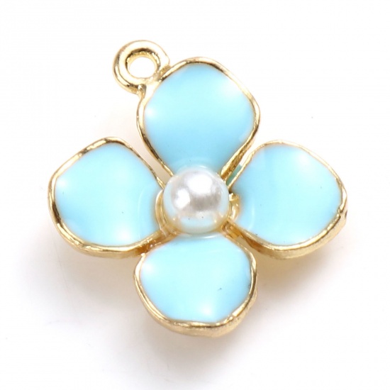 Picture of Zinc Based Alloy & Acrylic Charms Flower Gold Plated Blue Enamel Imitation Pearl 17mm x 14mm, 10 PCs
