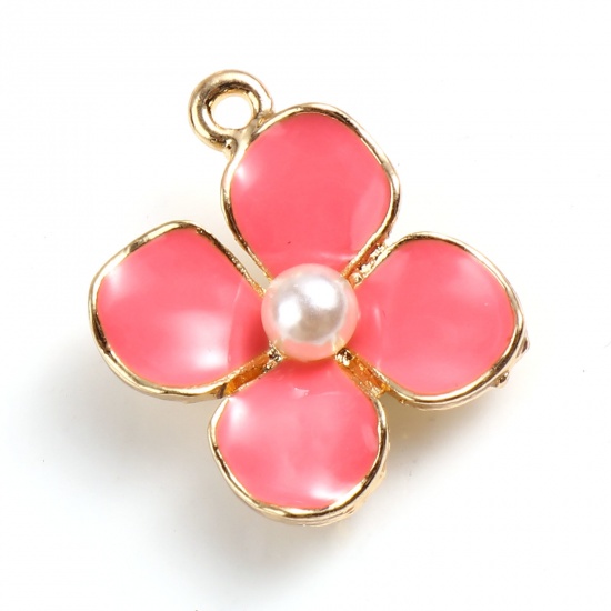 Picture of Zinc Based Alloy & Acrylic Charms Flower Gold Plated Hot Pink Enamel Imitation Pearl 17mm x 14mm, 10 PCs