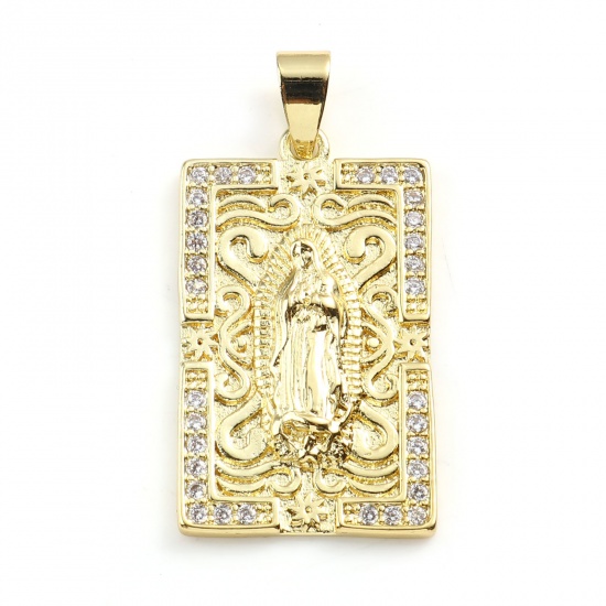 Immagine di 1 Pz Ottone Religione Ciondoli Rettangolo 18K Vero Oro Placcato Gesù Micro Spianare Trasparente Strass 36mm x 18mm