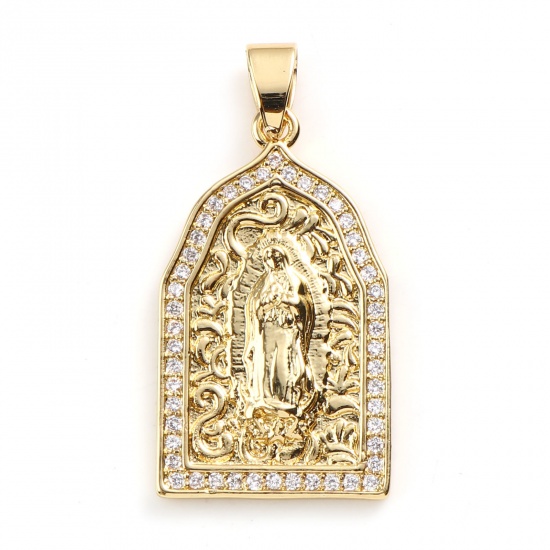 Immagine di 1 Pz Ottone Religione Ciondoli Arcuato 18K Vero Oro Placcato Gesù Micro Spianare Trasparente Strass 36mm x 18mm