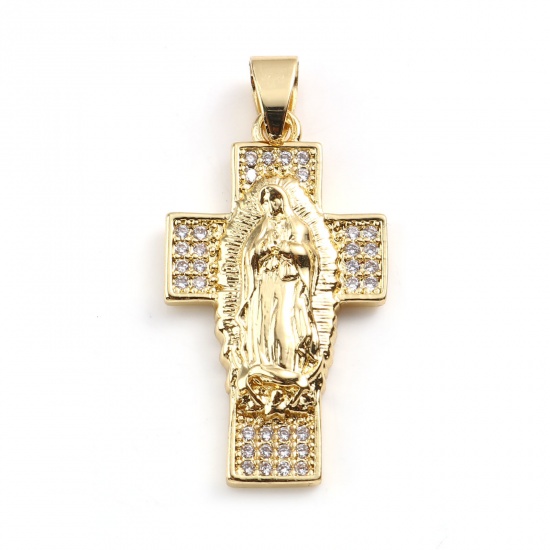 Immagine di 1 Pz Ottone Religione Ciondoli Croce 18K Vero Oro Placcato Gesù Micro Spianare Trasparente Strass 36mm x 17mm