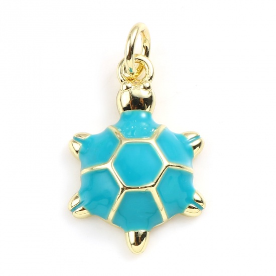 Picture of Brass Ocean Jewelry Charms Gold Plated Cyan Sea Turtle Animal Enamel 22mm x 12mm, 2 PCs                                                                                                                                                                       